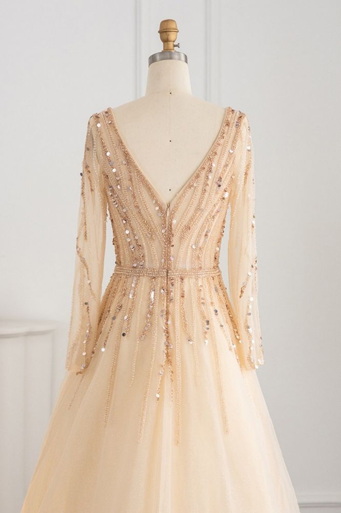 Elegant Sequins Beading A-line Eveing Party Dress V-neck Long Sleeves Tulle Party Gown