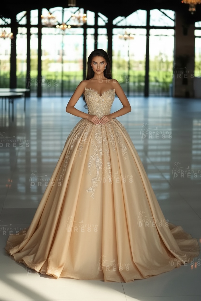 Glamorous V-Neck Strapless A-Line Satin Wedding Dresses-babyonlinewholesale