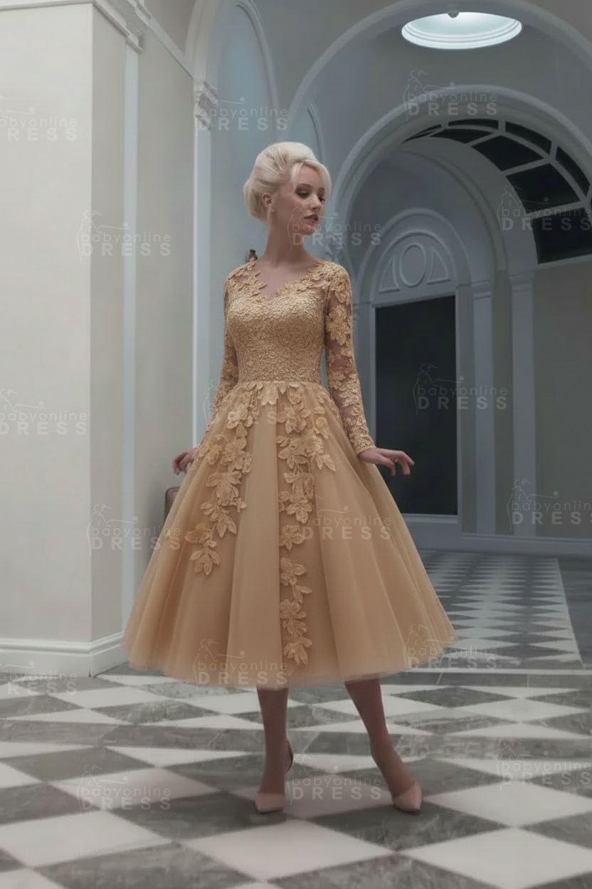 Vintage Ivory Long sleeves Lace appliques Short Wedding Dress