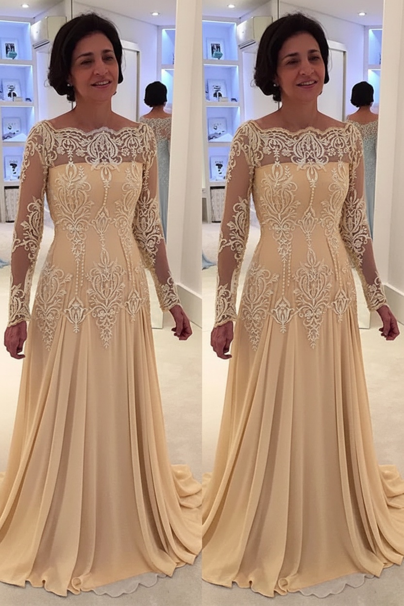 Elegant Floor-Length Lace Long-Sleeves A-line Mother of the Bride Dress 