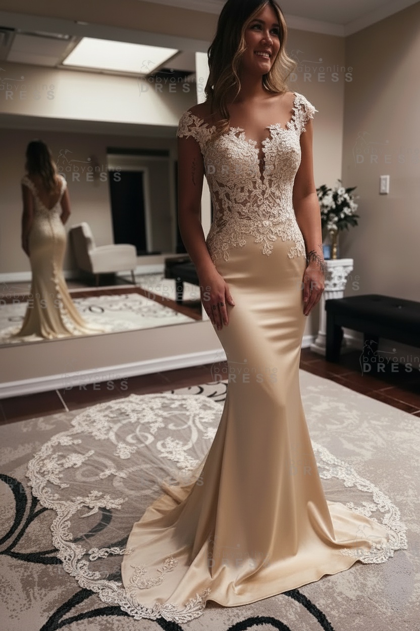 Elegent Sleeveless Chapel Train Mermaid Wedding Dress with Lace Appliques