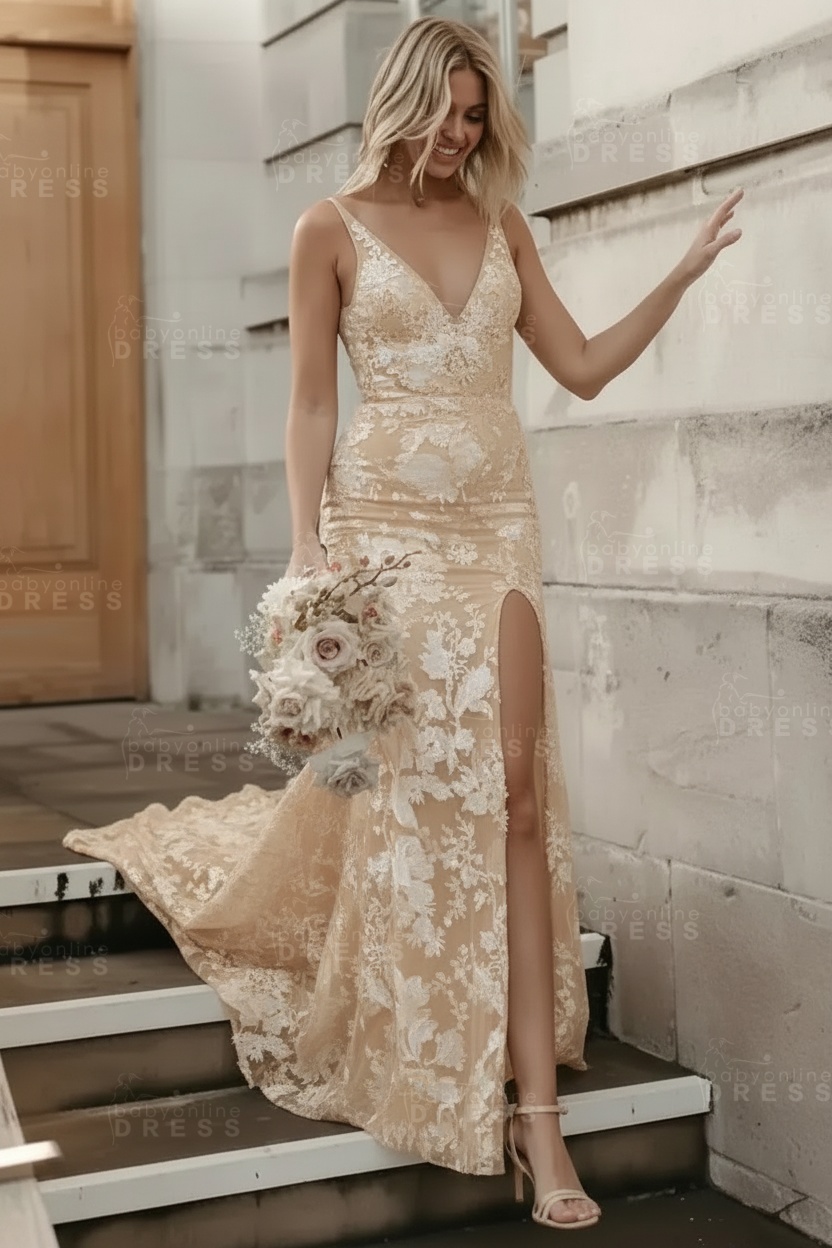 Chic Floral Lace Mermaid Wedding Dress Sleeveless V-Neck Side Slit Bridal Dress