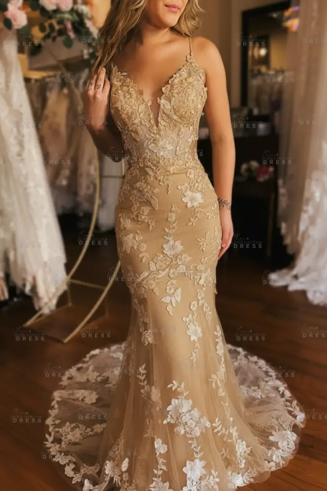 v neck sequin wedding dress F211018 Romantic Embroidered Lace & Sequin Wedding Dress with V-Neckline