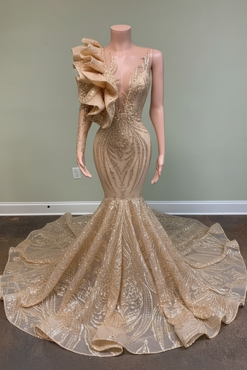 Chic Black Long Sleeve Asymmetrical Floor Length Mermaid Prom Dress
