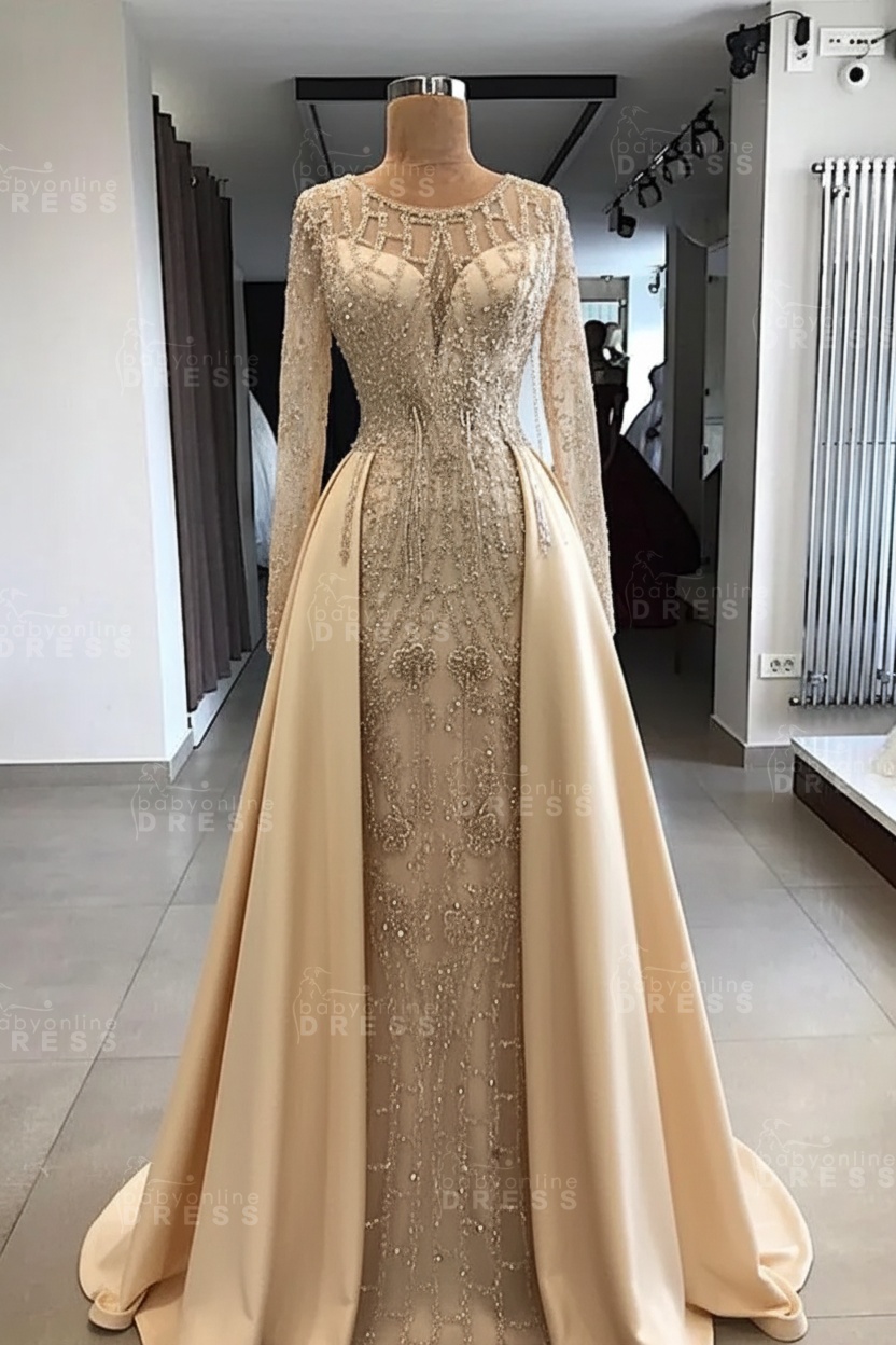 Shining Beaded Long Sleeves Round Neck Prom Dresses With Over Skirt | A Line Evening Gowns