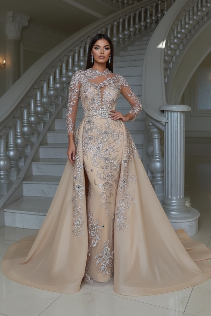 Blushing pink Long sleeves Overskirt Lace Prom Dresses