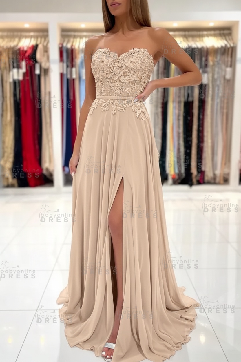 Sweetheart Strapless A-Line Chiffon Floor Length High Split Prom Dress