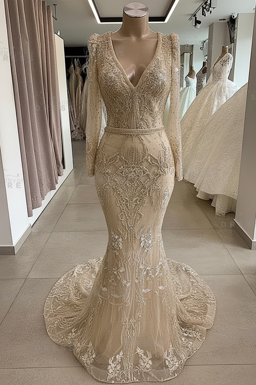 Gorgeous Mermaid Lace Beading V Neck Long Sleeves Prom Dresses | Evening Gowns With Beading Waistband