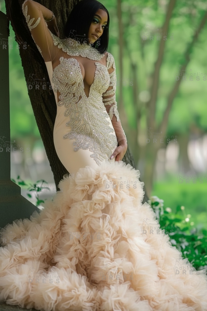 Glamorous Slim Mermaid Evening Gowns with sleeves Beadings Prom Dress