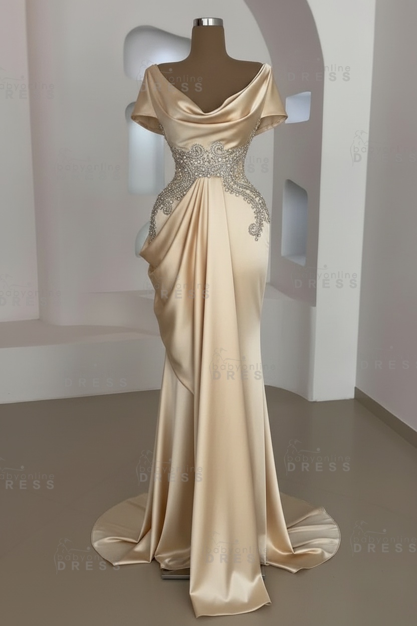 Short sleeves Mermaid Round neck Gray Prom Dresses
