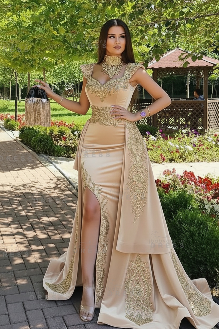 Dark Green Velvet Mermaid Evening Dress with Gold Lace appliques