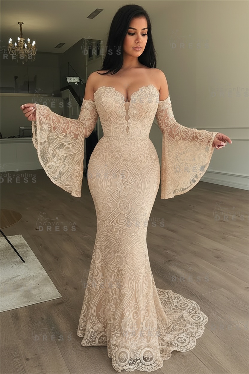 Off-the-Shoulder Long Sleeves Lace Floor-Length Mermaid Evening Dress