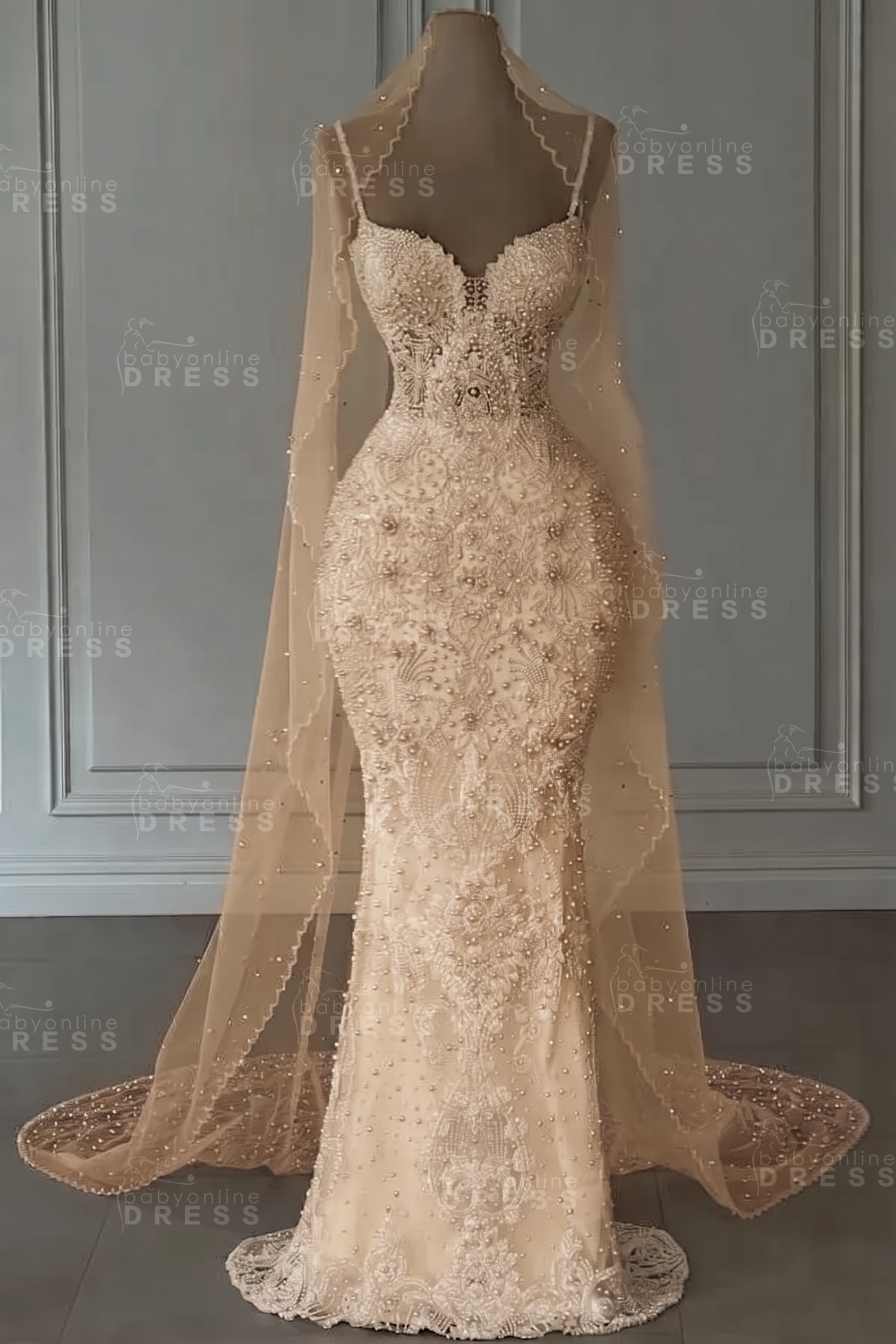 Spaghetti Straps White Beaded Floor-Llength Mermaid Wedding Dresses 