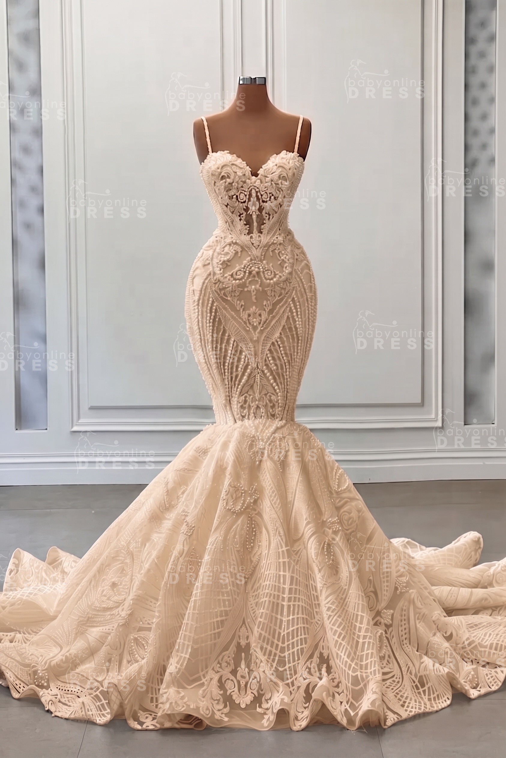 Charming Spaghetti Straps Lace Beaded Long Mermaid Wedding Dress