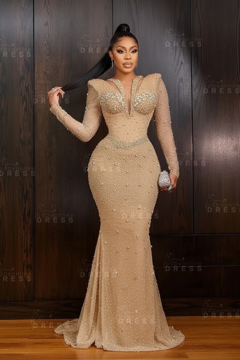 Green V-Neck Beadings Long Sleeves Floor-Length Mermaid Prom Dress