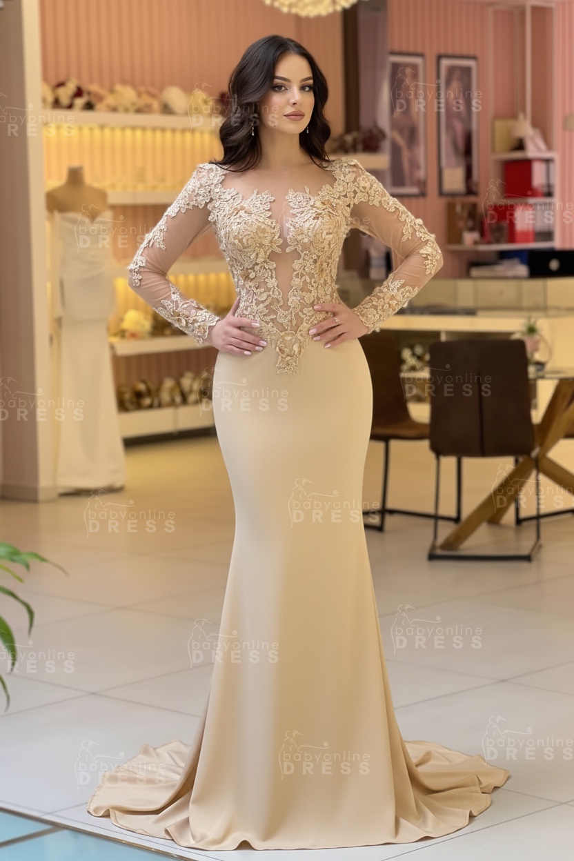 Long sleeves Lace Appliques White Satin Mermaid Wedding Dresses