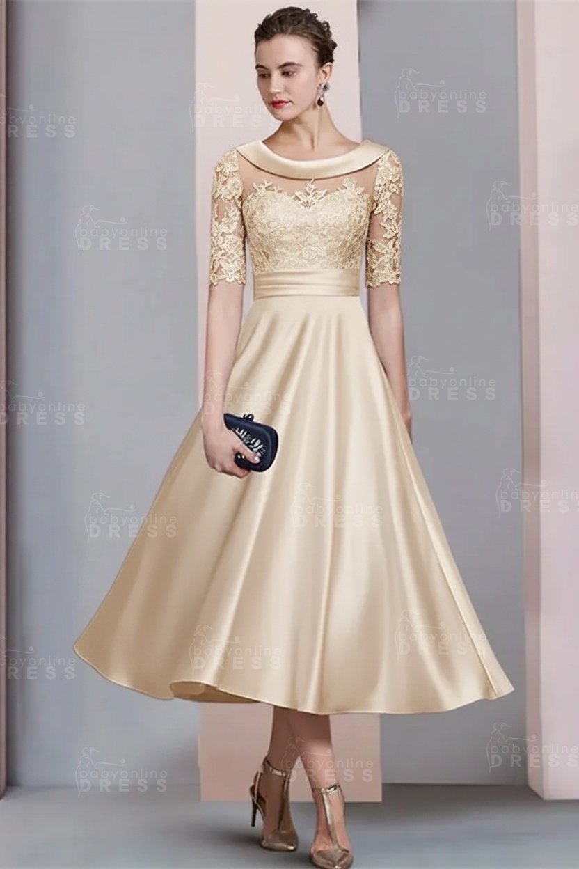 Elegant Ivory Jewel Lace Beading A-Line Tea Length Satin Wedding Guest Dress Formal Mother Dress