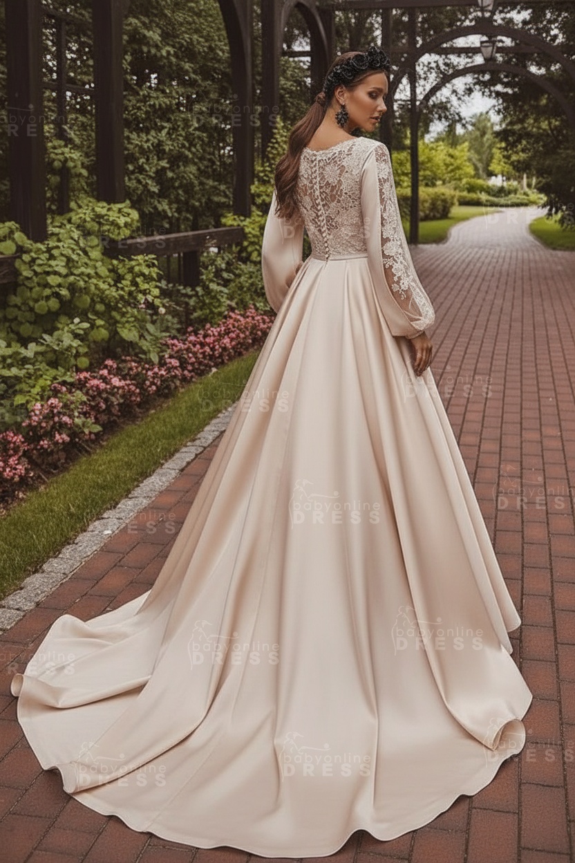 Deluxe Floor-Length Jewel Neck Long Sleeves A-Line Satin Wedding Dresses