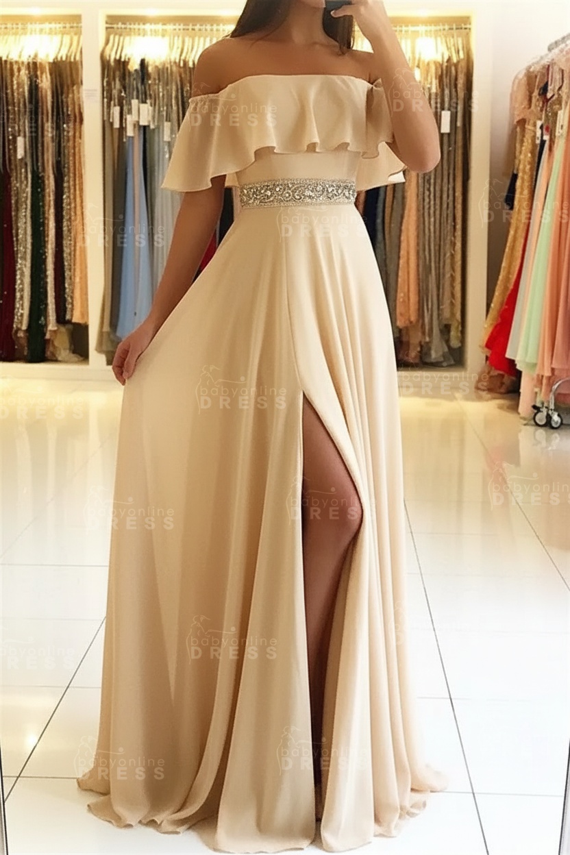 Sky Blue Off The Shoulder Evening Dresses Sexy | Chiffon Side Slit Prom Dress with Crystals Belt