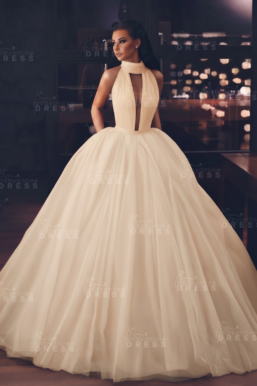 Sexy High-Neck Sleeveless Ball Gown Evening Dress with Pockets