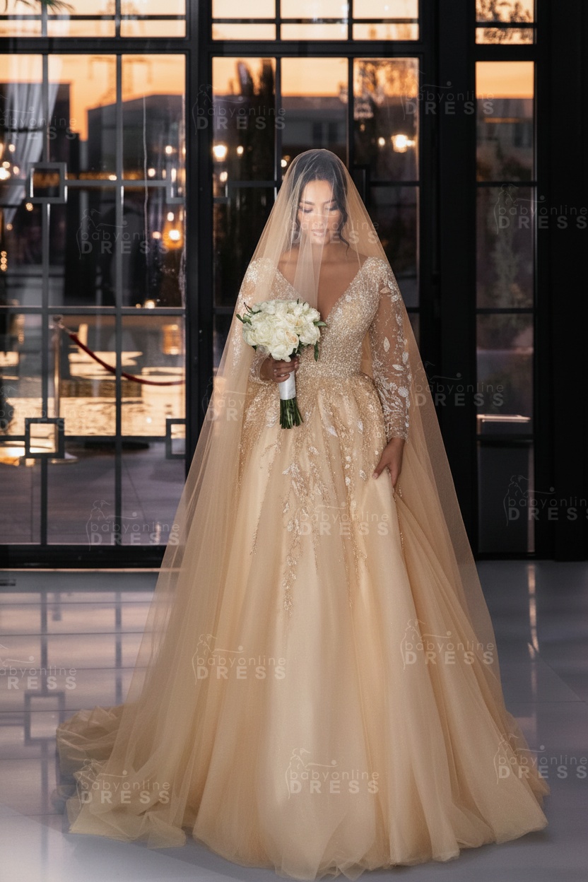 Long sleeves V-neck Princess Ivory Wedding Dresses