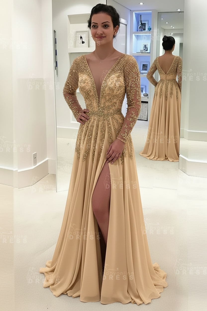 Glamorous V-Neck Long Sleeves Prom Dresses | A-line Crystal Side Slit Evening Gowns