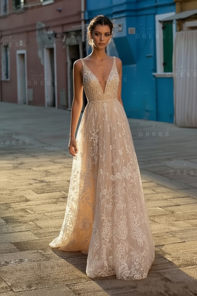 Chic Champagne V-neck Sleeveless Long Lace High waist Wedding Dress