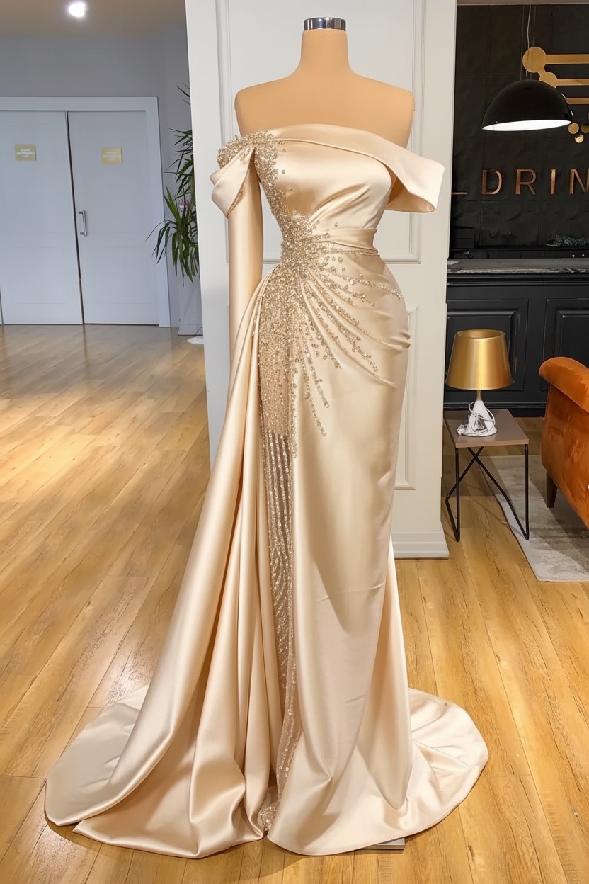 Off-the-Shoulder Satin Floor Length Prom Dress with Side Slit