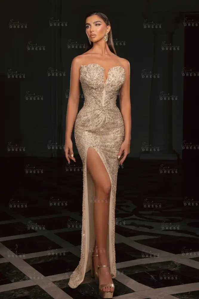 Gold Strapless Sequins Beading Split Front Column Prom Dresses