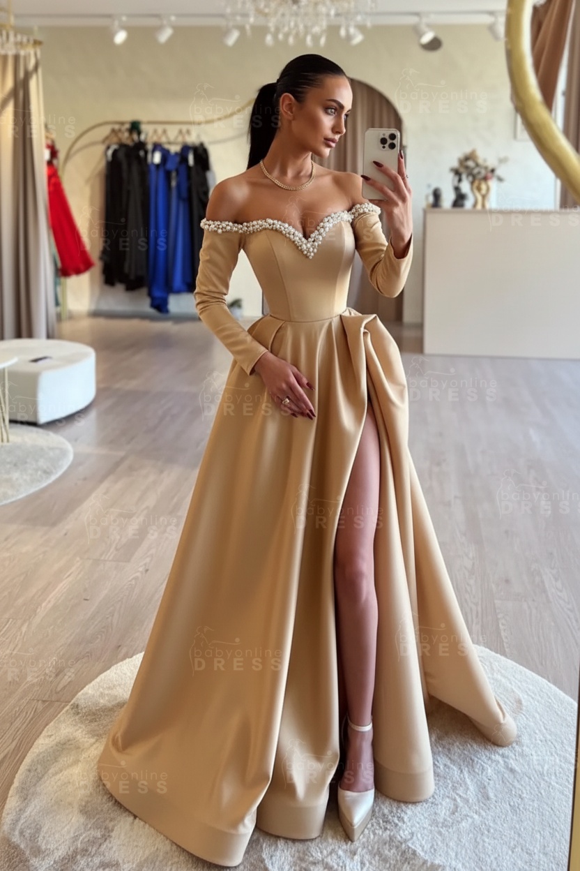Long sleeves Pearls A-line Princess Front Split Black Prom Dresses
