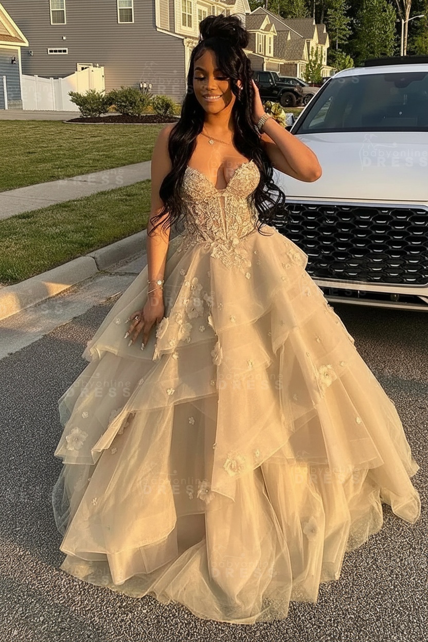 Sleeveless V-Neck Tulle Aline Prom Dress Floral Tiered Ruffles Corset Evening Dress