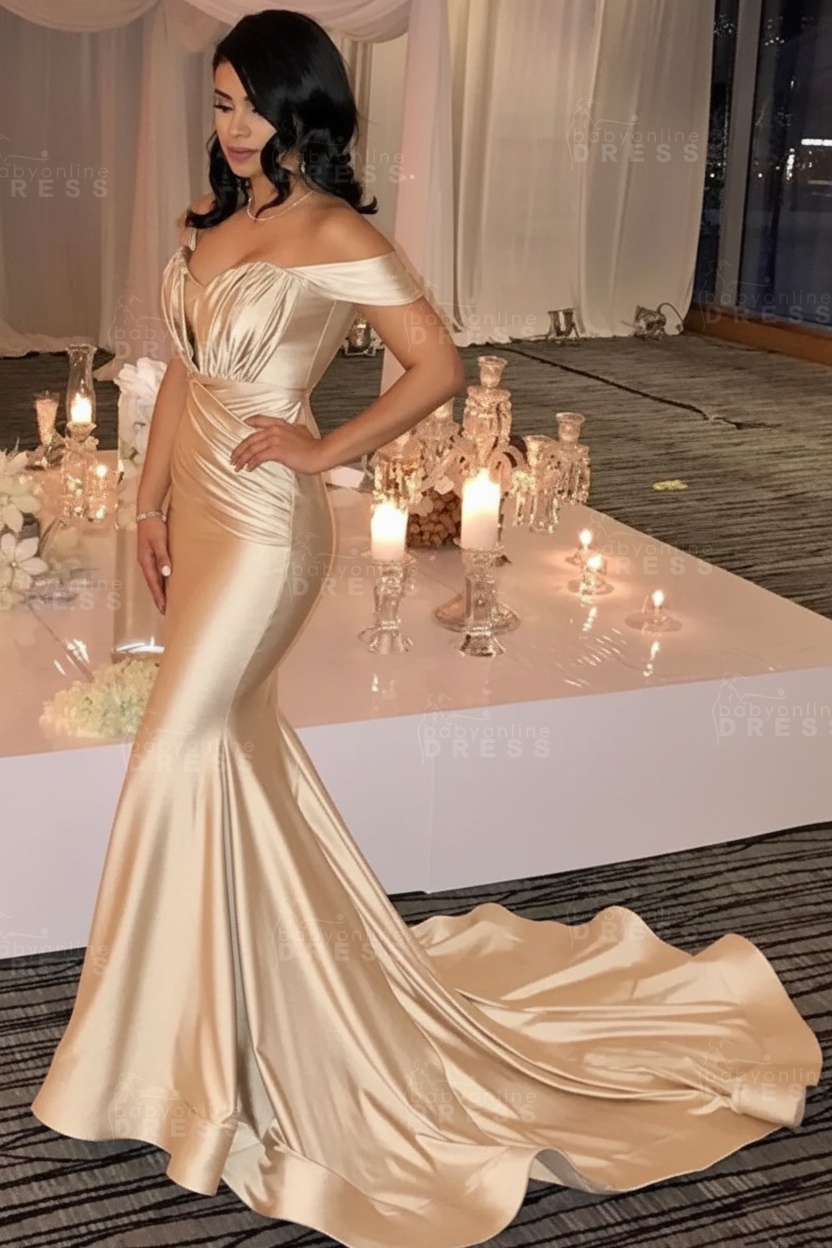 Off The Shoulder Champagne Gold Sexy Prom Dresses Mermaid Lates Popular Evening Gown