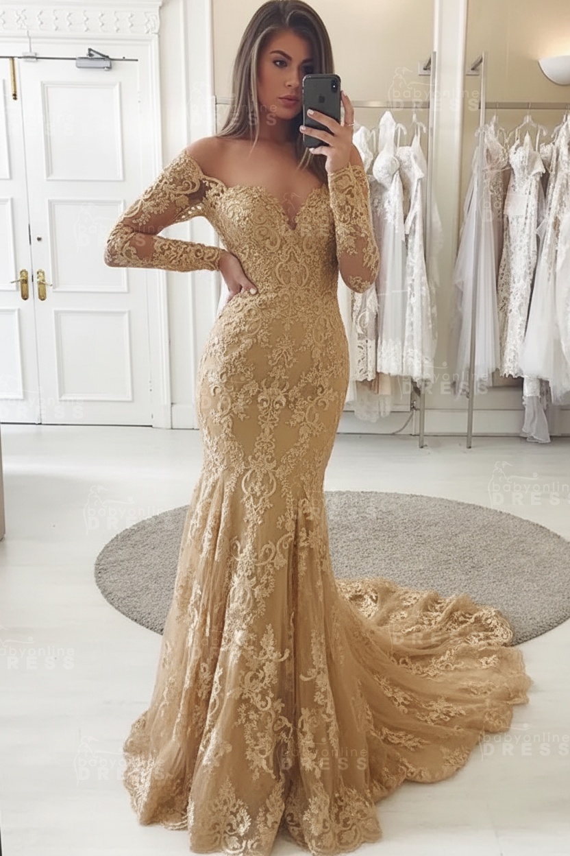 Charming Lace Appliques Mermaid Wedding Gown Long Sleeve Sweetheart Bridal Dress