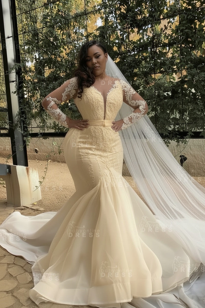White Long sleeves Plus size Mermaid Belt Wedding Dresses