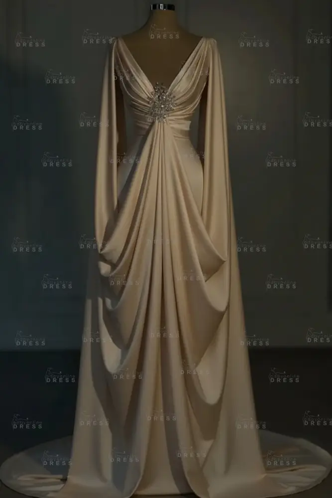 Long sleeves V-neck Satin Ruffles Mermaid Prom Dresses Floor-Length