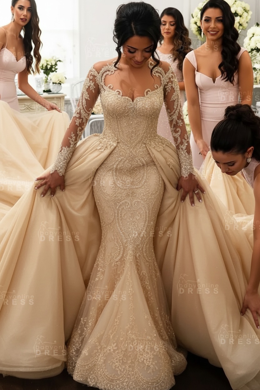 Gorgeous Long Sleeves Sheath Wedding Dresses | Lace Appliques Bridal Gowns with Detachable Train
