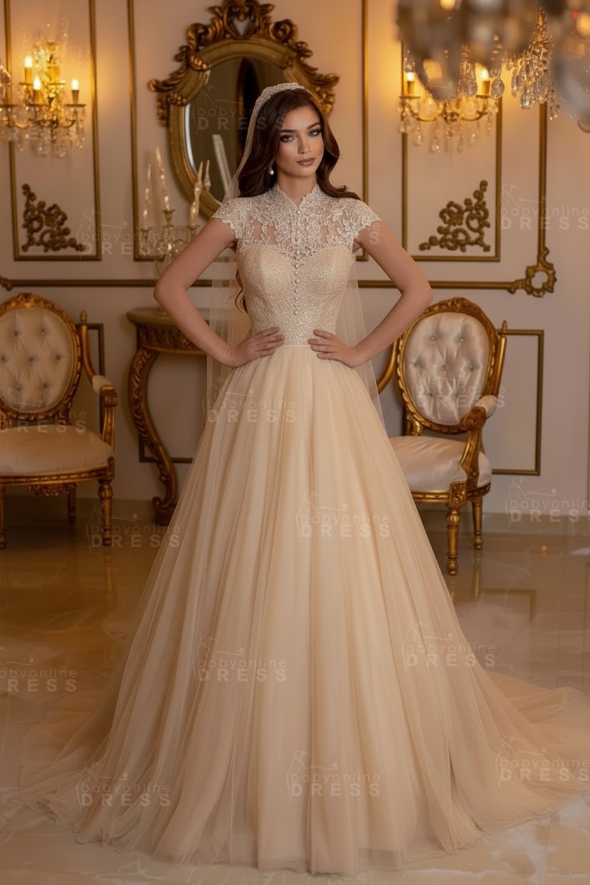 Cap Sleeves High Neck Tulle Long Lace A-line Wedding Dress-babyonlinewholesale