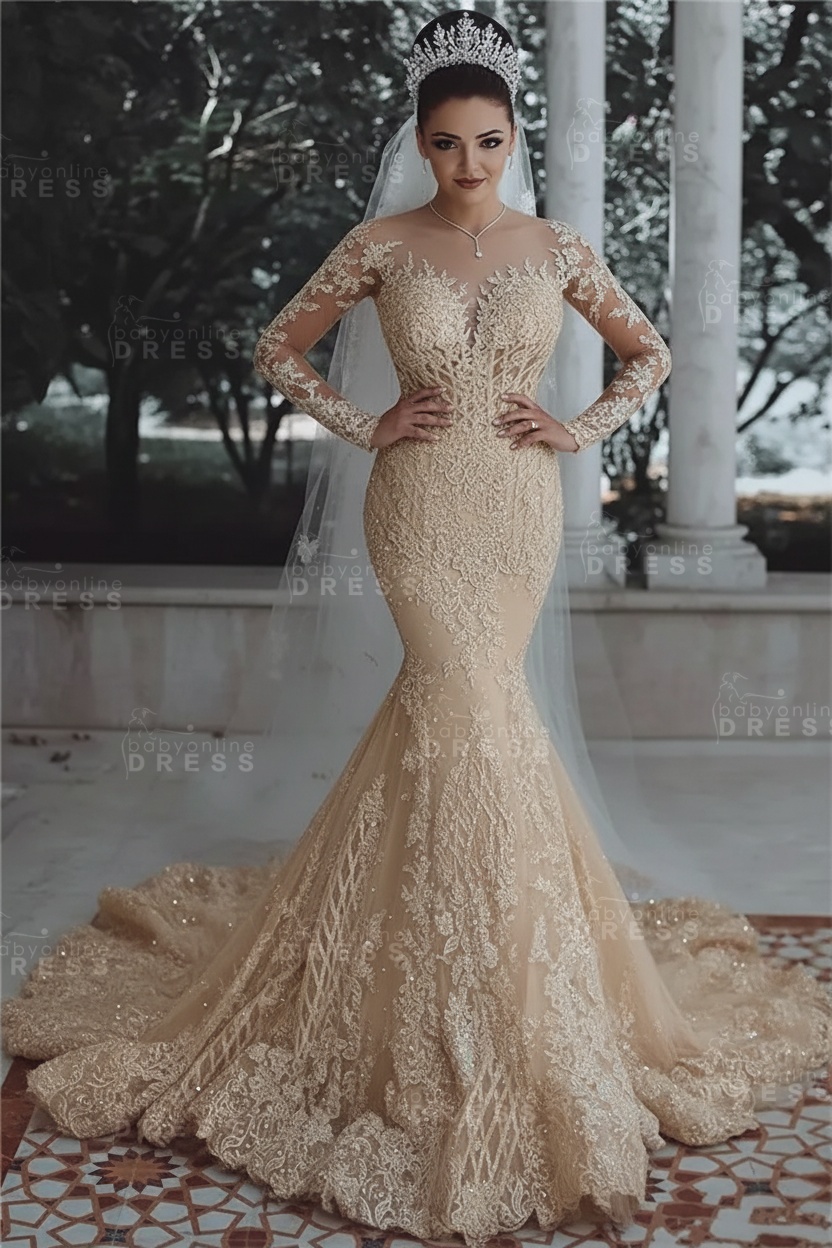 Luxury Beaded Lace Mermaid Wedding Dresses with Sleeves | Sheer Tulle Appliques Bride Dresses