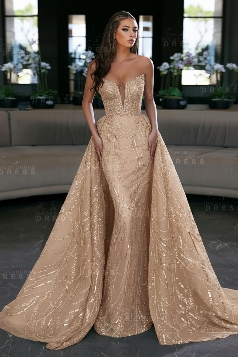 Blue Sequin Mermaid Sweetheart Prom Dresses with Overskirt
