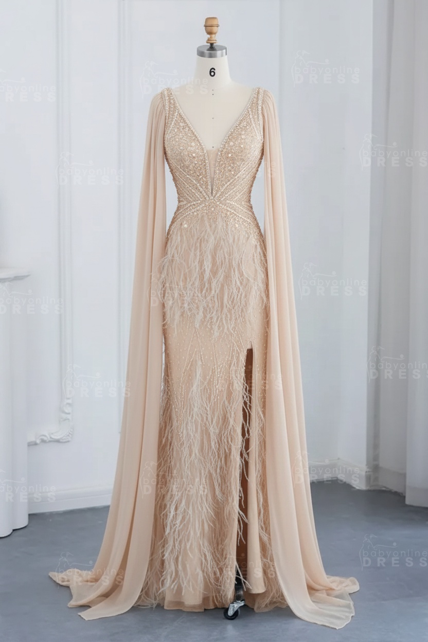 Glamorous V-Neck Fur Beadings Front Slit Mermaid Evening Gowns with Tulle with Cape Sleeves Wedding Party Dress