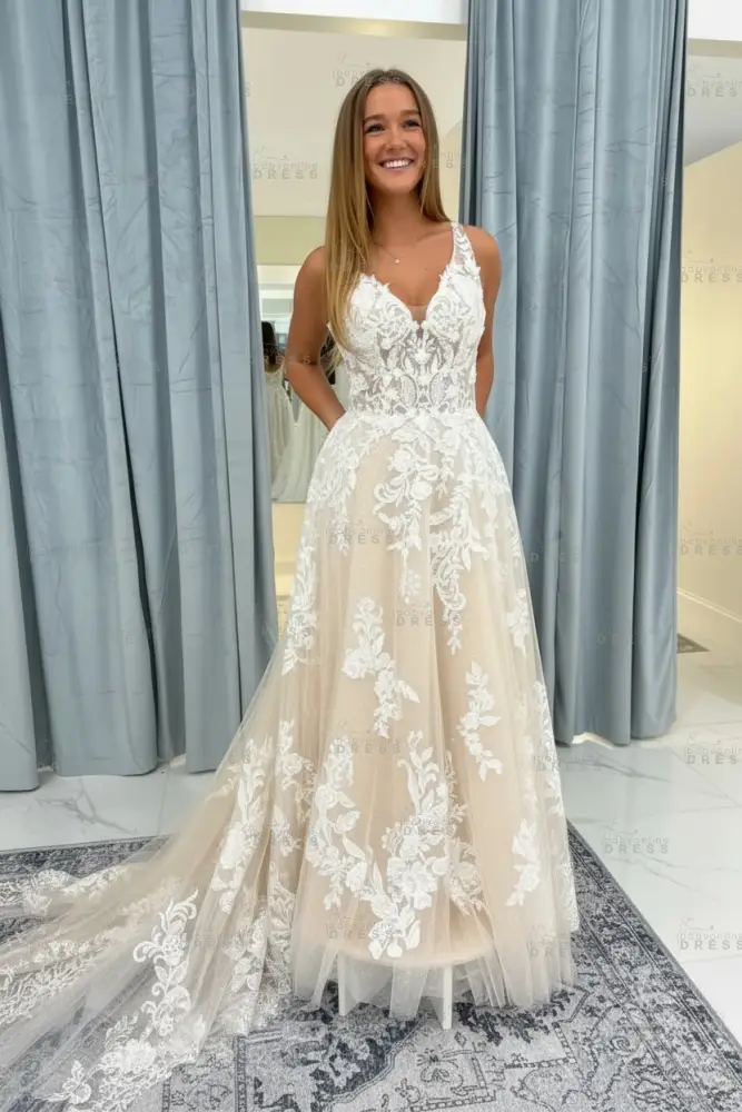 Elegant Sleeveless V-Neck Tulle Aline Wedding Dress with Lace Appliques