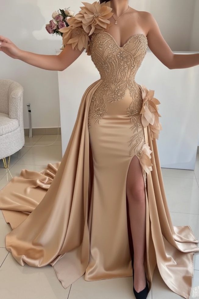Flowers One shoulder Mermaid Long Prom Dresses with High Split