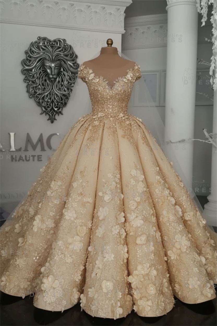 Luxury Sleeveless Crystal Ball Gown Wedding Dresses | Sheer Tulle Flowers Bridal Gowns with Beading