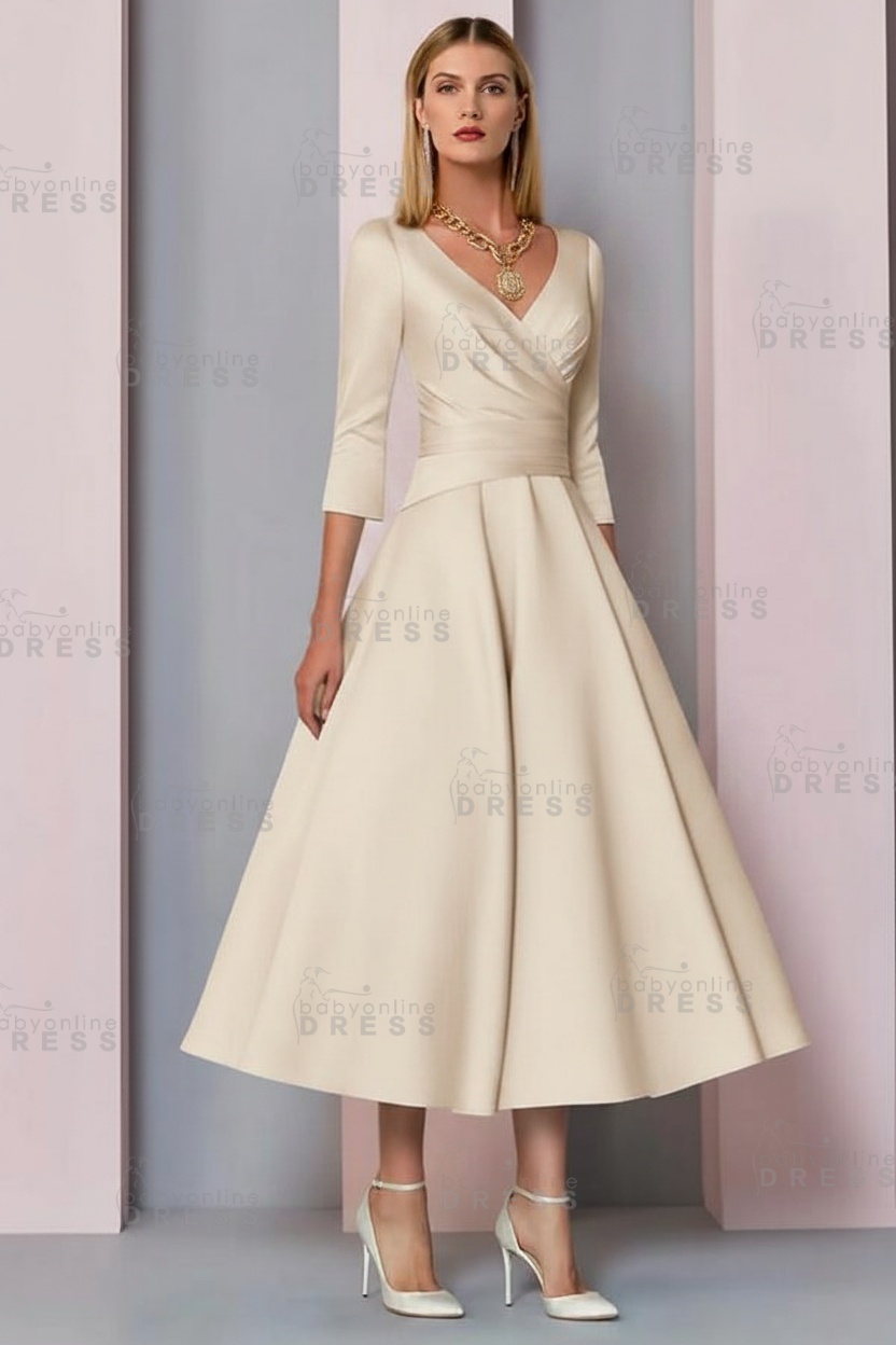 Half Sleeves White Ankle Length Mother of the Bride Dress V-Neck Satin Wedding Guest Dress