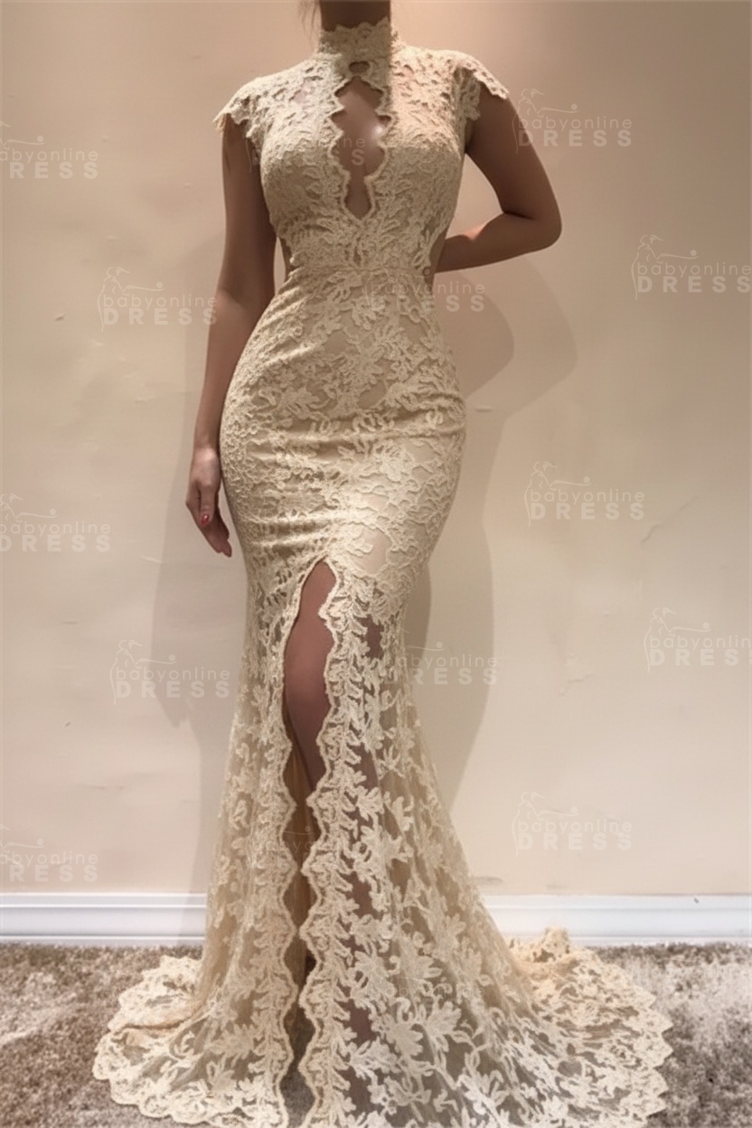 Sleeveless Front Split Evening Dresses | Black High Neck Lace Sexy Prom Dresses