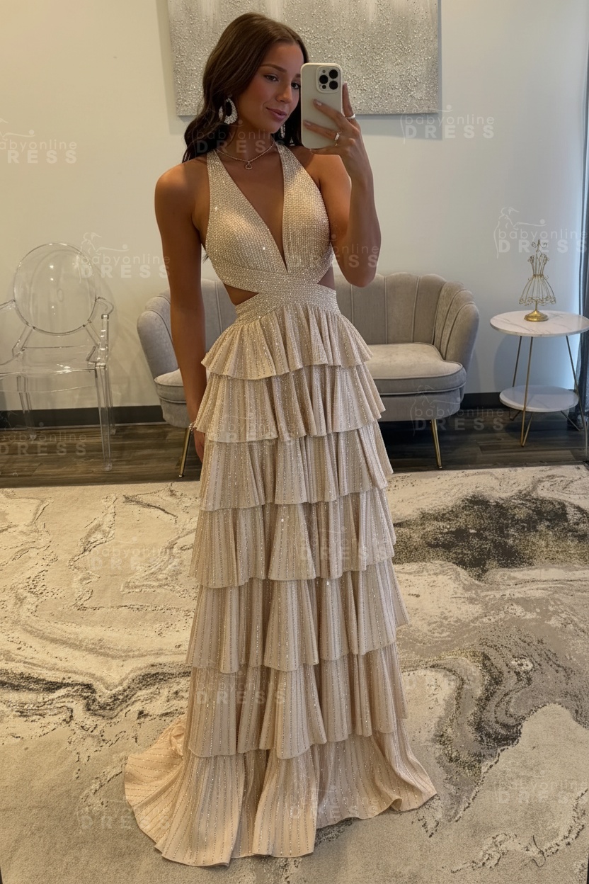 Halter Aline Prom Dress Sequined V-Neck High Split Evening Dress Long