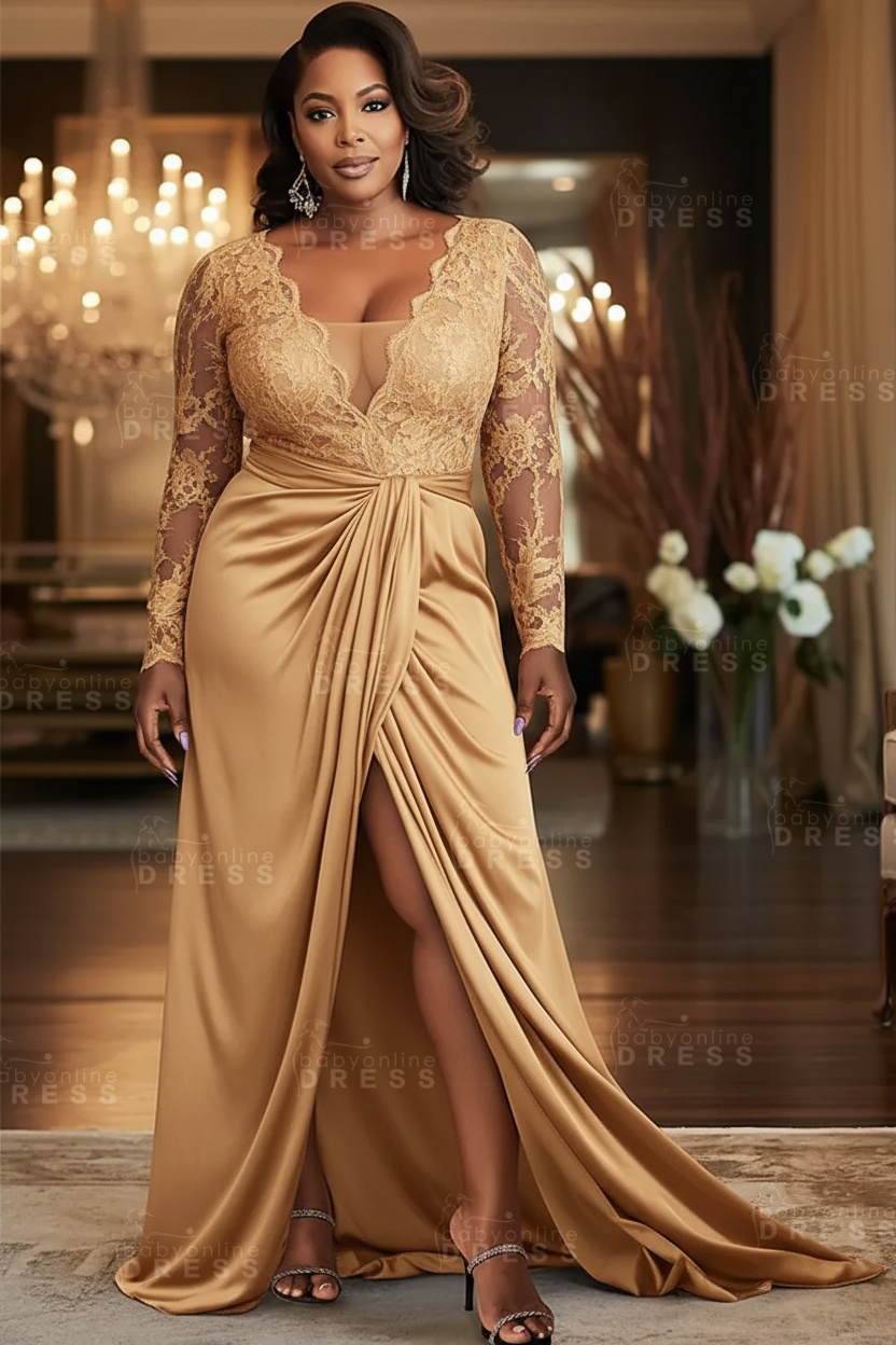 V-neck Appliques Lace Long Sleeve A-Line Prom Dresses with Slit