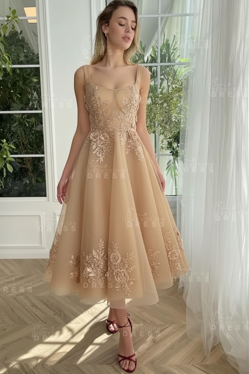 Burgundy Ankle length square neck Homecoming Dress Tulle Aline Formal Dress