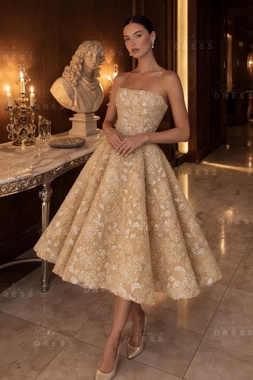 Strapless Yellow Floral A-Line Tea Length Prom Dress with Beadings