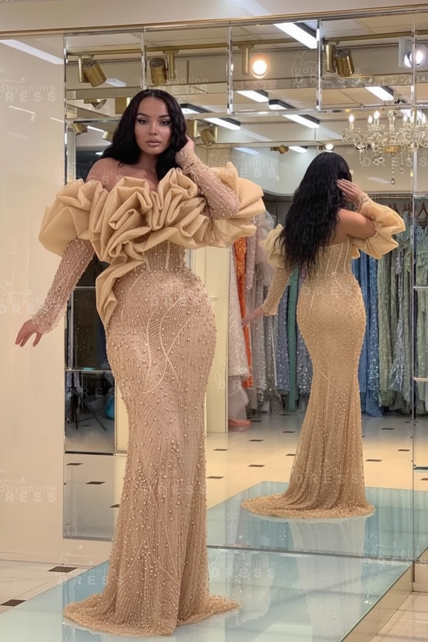 Bubble Sleeves Long Mermaid Prom Dress with Sequins and Beadings